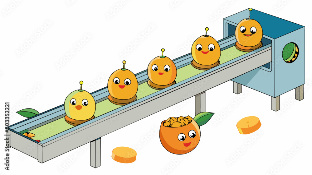 Poster Squeezing juice from oranges Golden oranges are moving along a conveyor belt rotating as they go. At the end they enter a large machine with rotating. Cartoon Vector