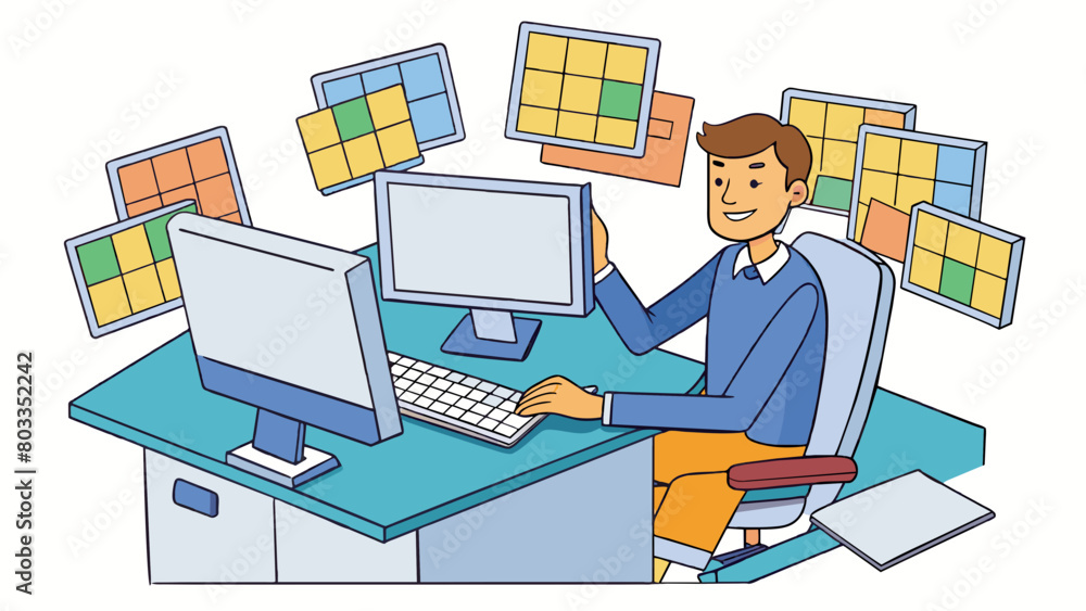 Poster Surrounded by computer screens the analyst types away at lightning speed their fingers clicking away on the keyboard as they dig through layers of. Cartoon Vector