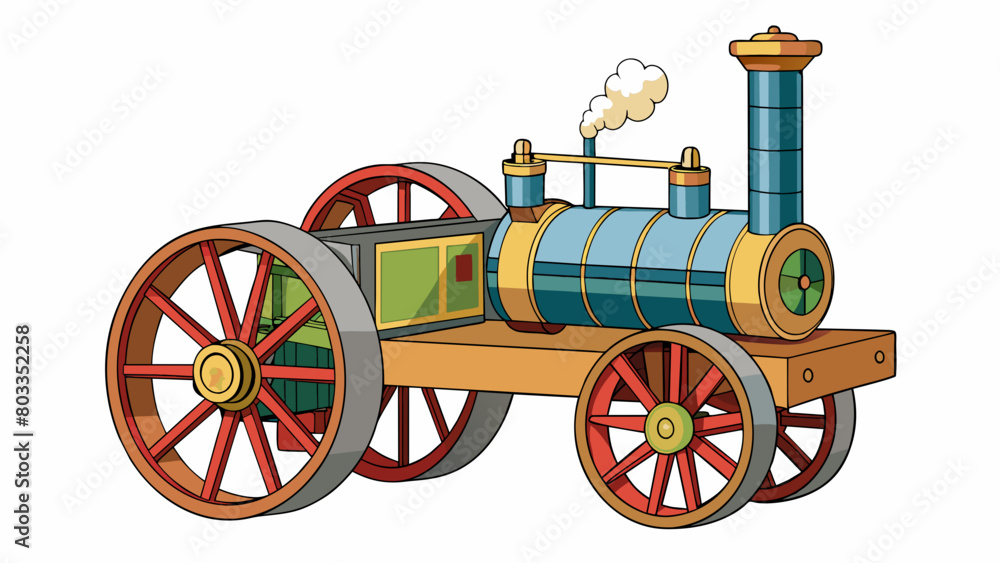 Poster Steam engine A machine with rotating wheels powered by the expansion of steam created by heating water with coal or other fuels.. Cartoon Vector