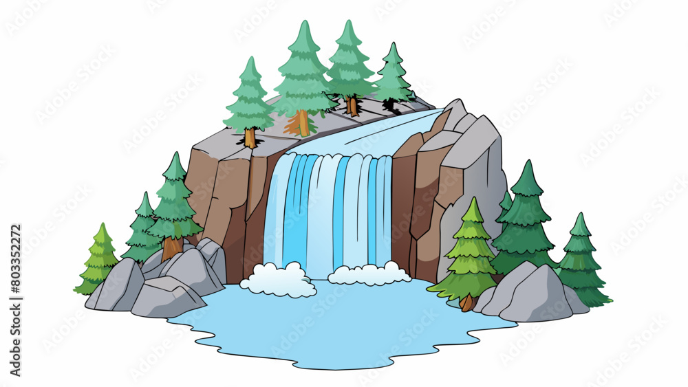 Poster Surrounded by towering pine trees a small river cascades down a rocky waterfall its white frothy surface crashing into a deep pool below. The cool. Cartoon Vector