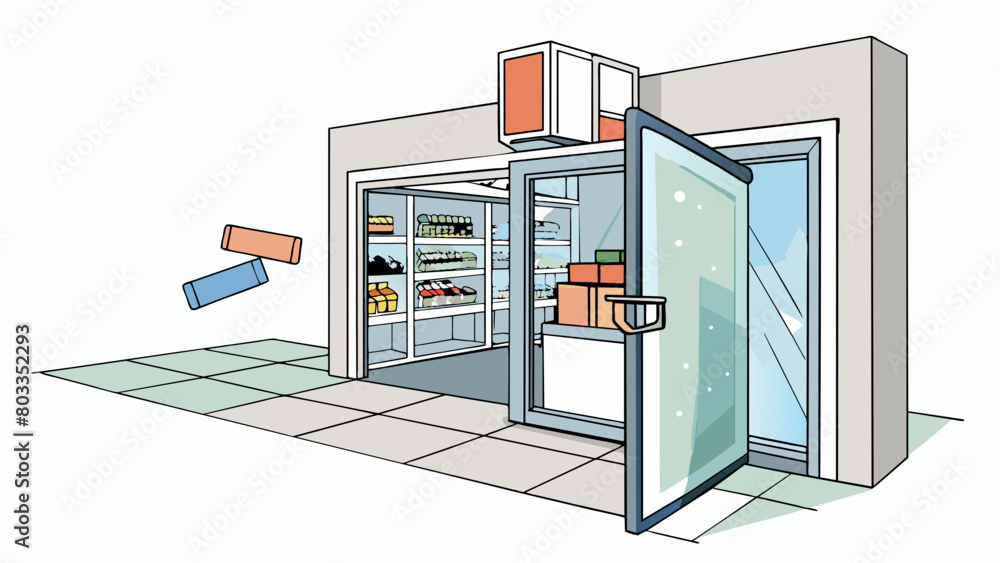 Poster The automatic door at a grocery store is stuck open causing a cold draft to fill the entrance. The motion sensors that usually detect customers are. Cartoon Vector