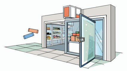 The automatic door at a grocery store is stuck open causing a cold draft to fill the entrance. The motion sensors that usually detect customers are. Cartoon Vector