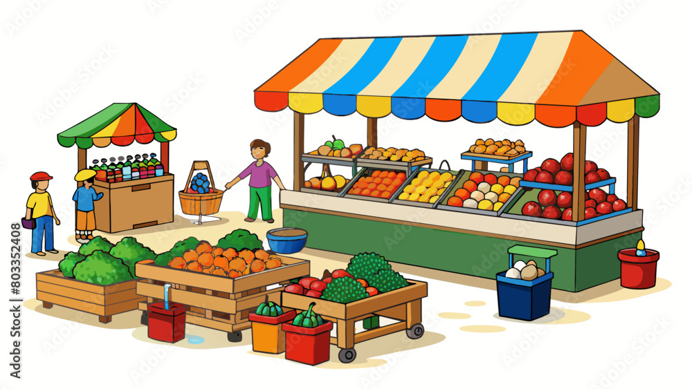 Poster the bustling farmers market is a riot of colors scents and sounds. stalls overflow with baskets of v