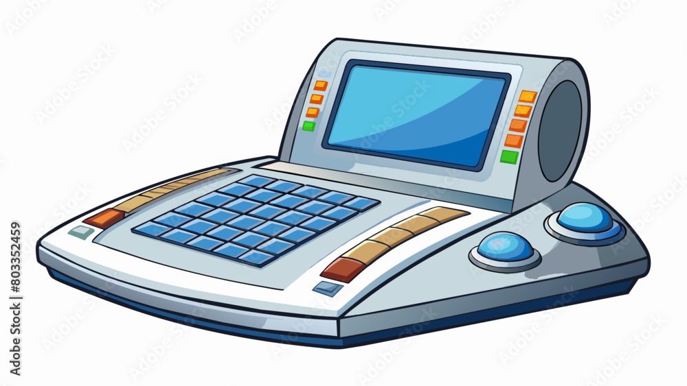 Poster The editor is a hightech tool with a futuristic design. It is made of polished metal and has a sleek curved shape. The front is dominated by a large. Cartoon Vector