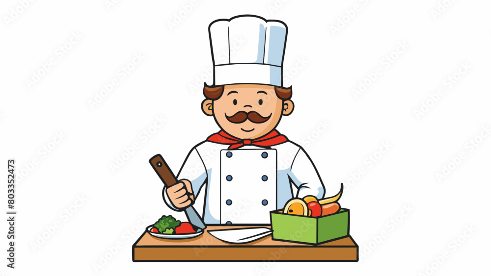 Poster the employer was a strict and nononsense chef sporting a white apron and a tall hat. in the kitchen 