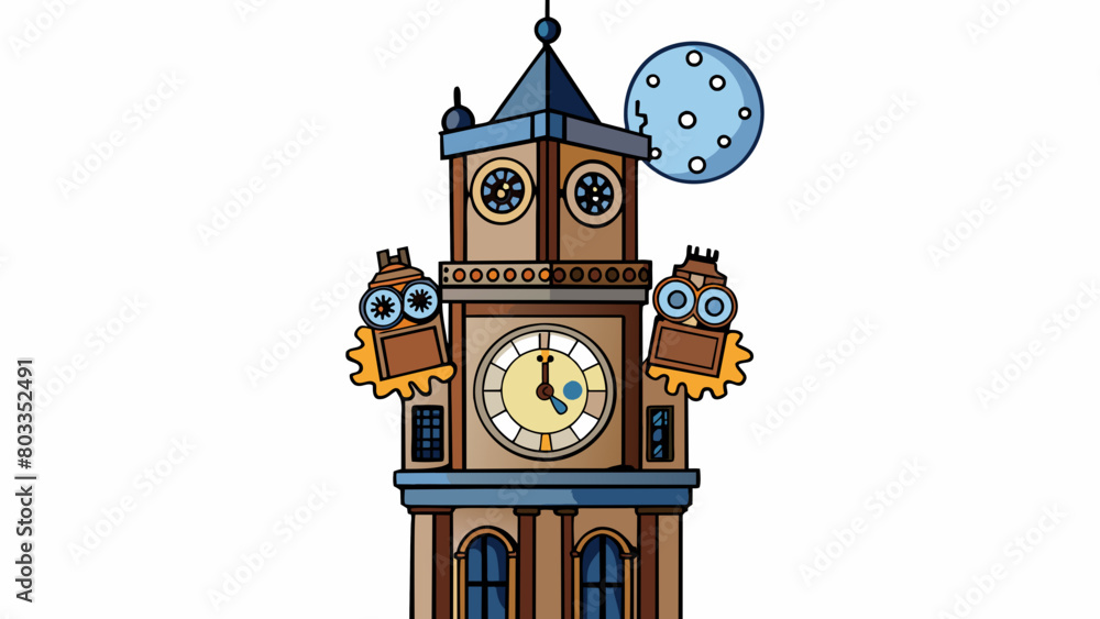 Poster the clock tower stood tall against the night sky its hands frozen in time as the moon shone through 