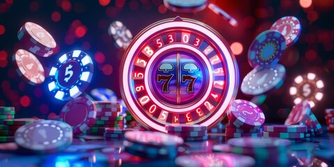 Online Casino. Slot Machine with Flying Chips. 3d Render