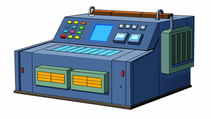 The editor is a large bulky machine with a boxy shape. It is made of sy heavyduty materials and has a dark industrial appearance. It has a wide. Cartoon Vector