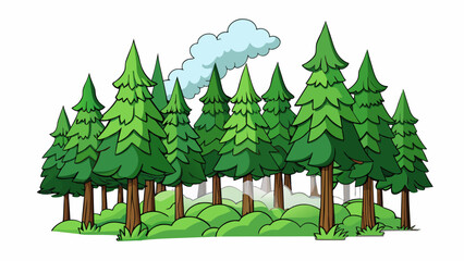 The crisp fresh scent of pine filling the air accompanied by the sound of rustling leaves and the sight of tall green trees swaying in the gentle. Cartoon Vector