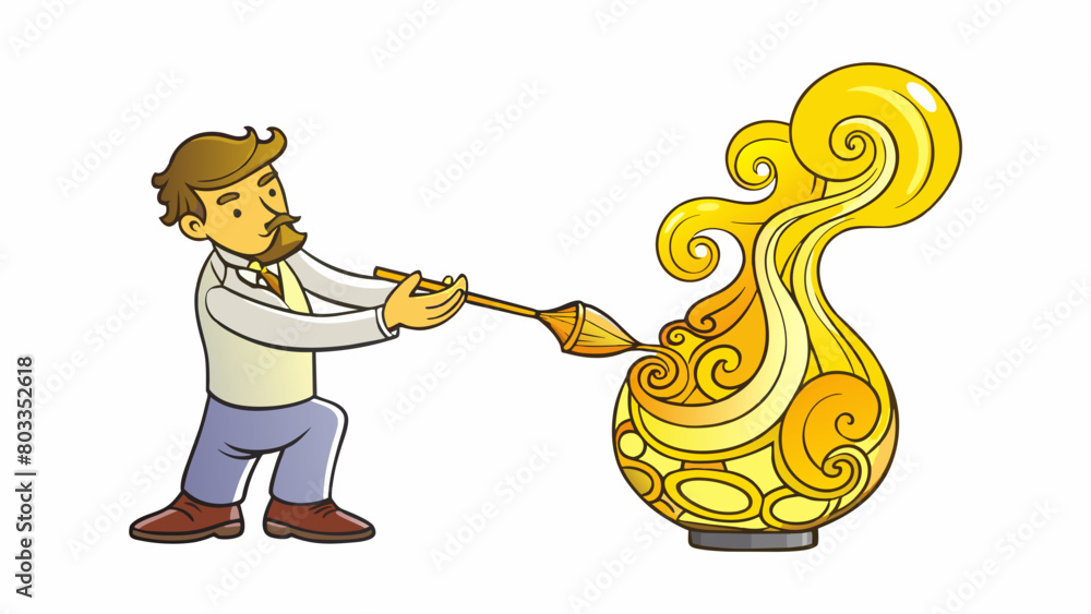 Poster the glassblower expertly blows and twists hot yellow glass carefully creating intricate filigree pat
