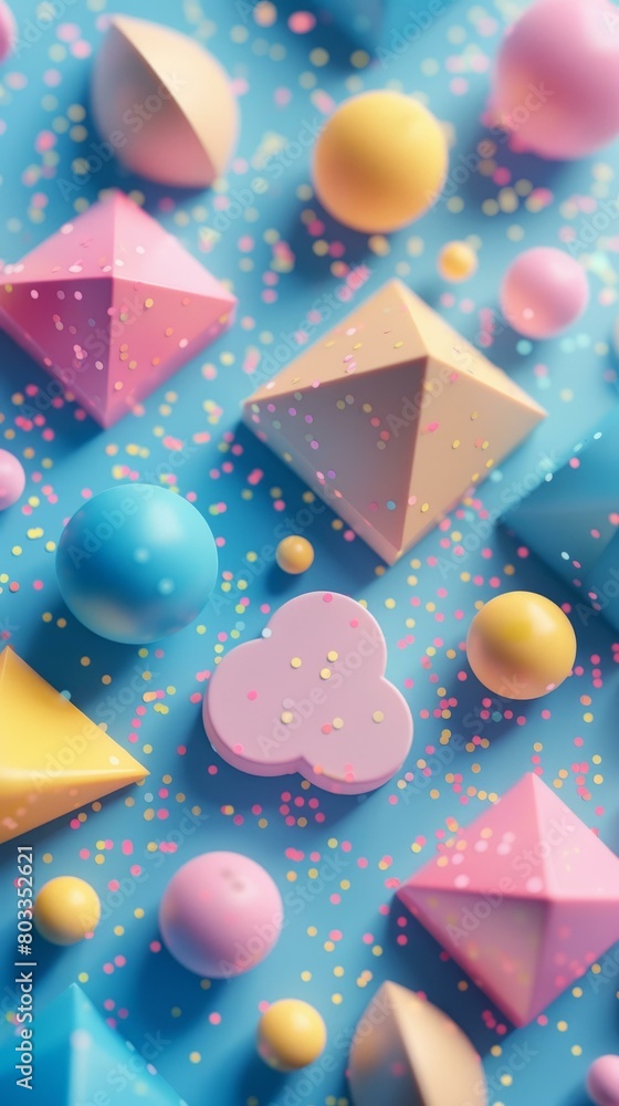 Poster a 3d rendering of colorful geometric shapes on a blue background