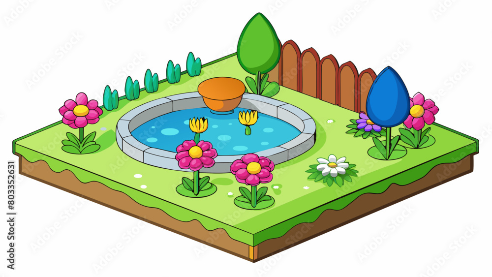 Poster the garden has a tranquil and serene atmosphere with a variety of colorful flowers and gentle water 