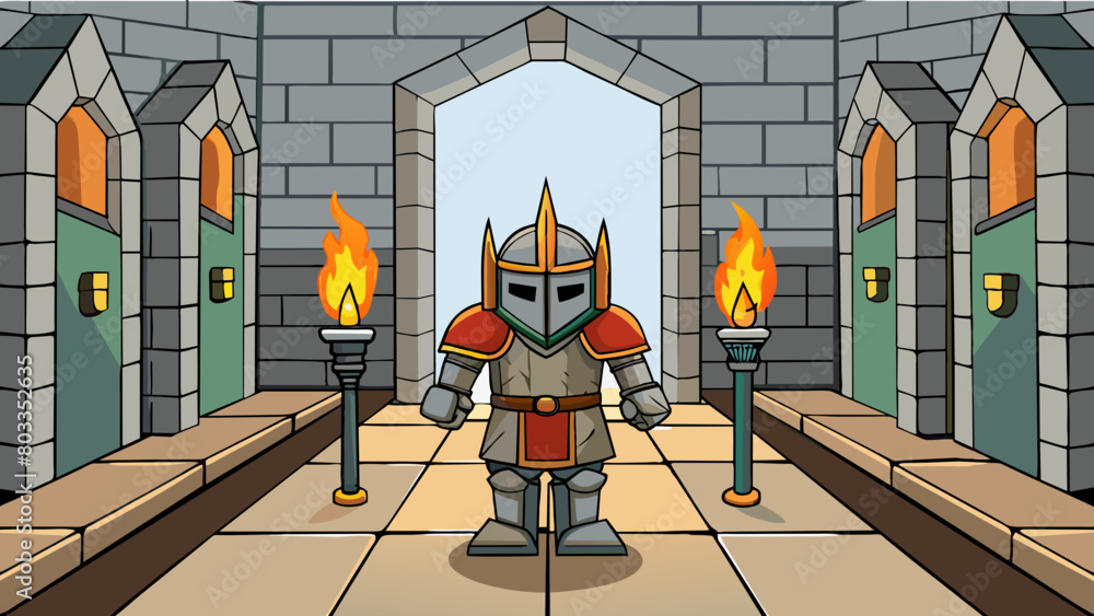 Poster the hall is dimly lit with flickering torches mounted on the stone walls. on one side an imposing su