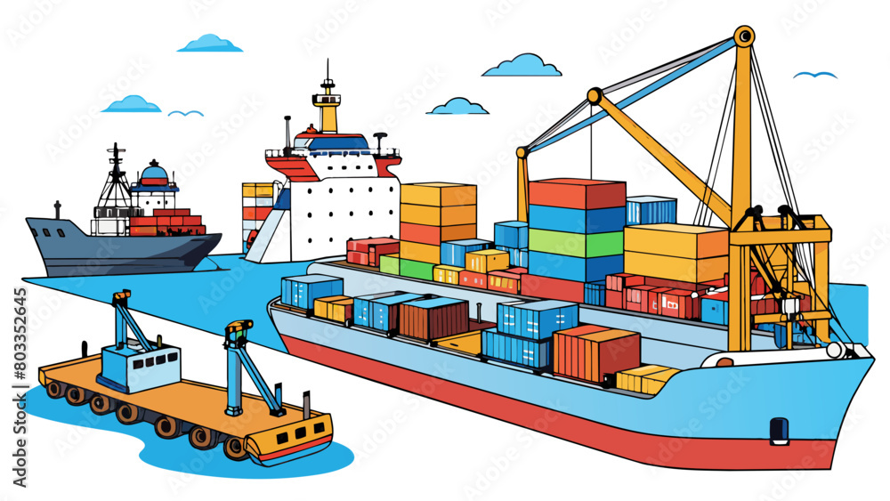 Poster the harbor was bustling with activity as ships were loaded and unloaded by a massive cargo crane. it