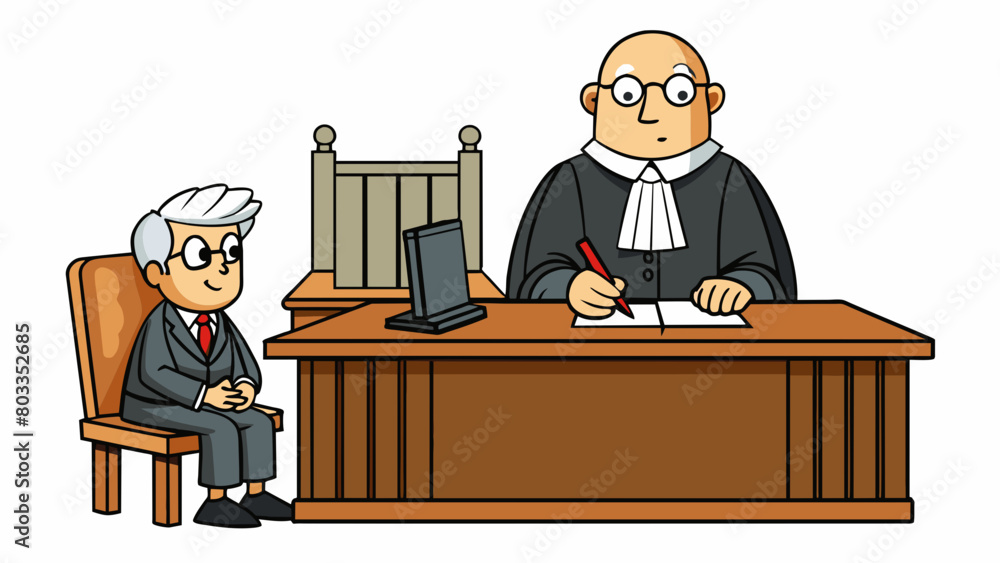 Poster the judge is wearing a traditional black robe and sitting behind a large wooden desk. the defendant 