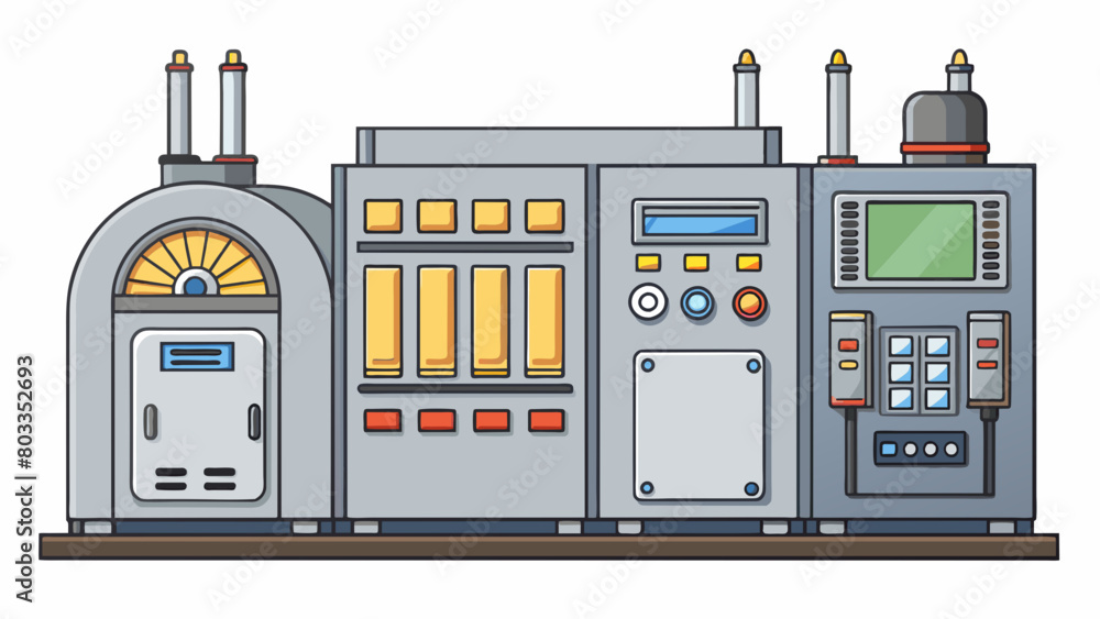 Poster The industrial furnace gleams with a silver exterior with multiple control panels and digital screens displaying various gauges and measurements.. Cartoon Vector