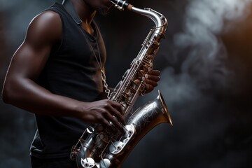 Fototapeta premium Musician immersed in playing a saxophone