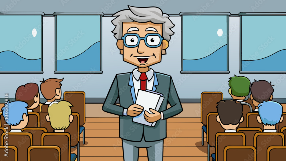 Poster the professor entered the lecture hall with a stack of papers in hand. their glasses were perched lo
