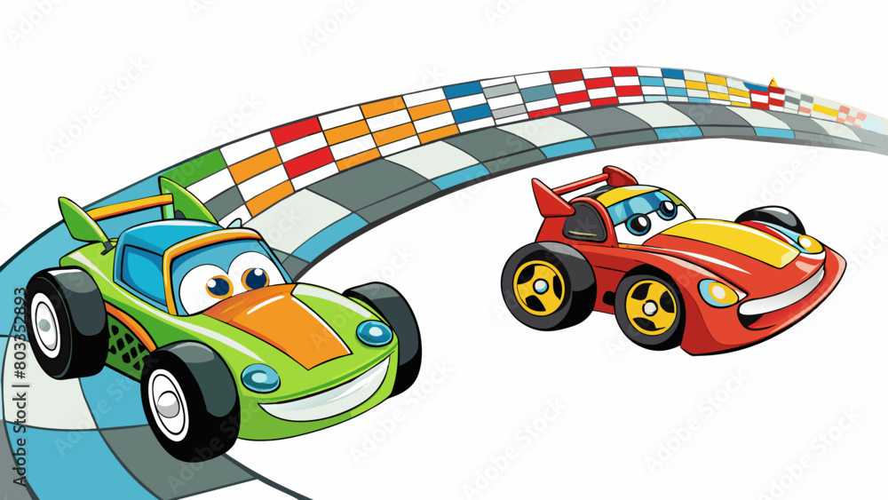 Poster The sound of roaring engines and screeching tires punctuated by blinding flashes of color as cars race around a twisting track.. Cartoon Vector