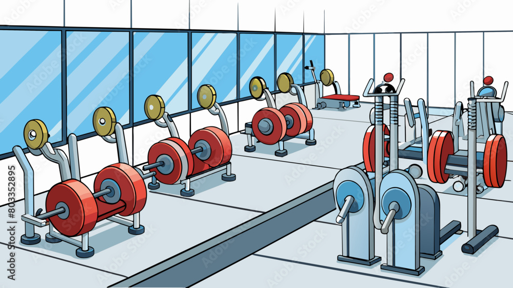Poster The sleek gym is equipped with shiny metallic exercise machines a mirrored wall and a long row of dumbbells neatly lined up on a rack. The sound of. Cartoon Vector