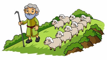 The shepherd carefully guided his flock through the rugged terrain leading them to lush pastures and protecting them from dangers along the way with. Cartoon Vector