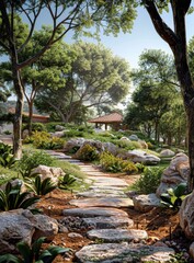 landscaping with large rocks and stone path