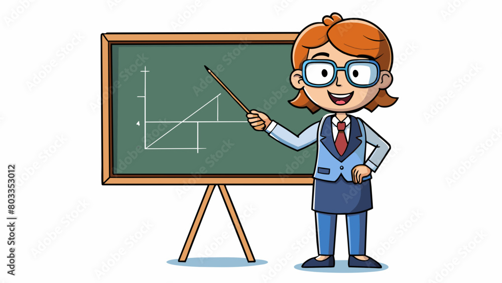 Poster The teacher stood at the whiteboard using a pointer to explain complex math problems with ease. Her glasses and neatly tied hair reflected her. Cartoon Vector