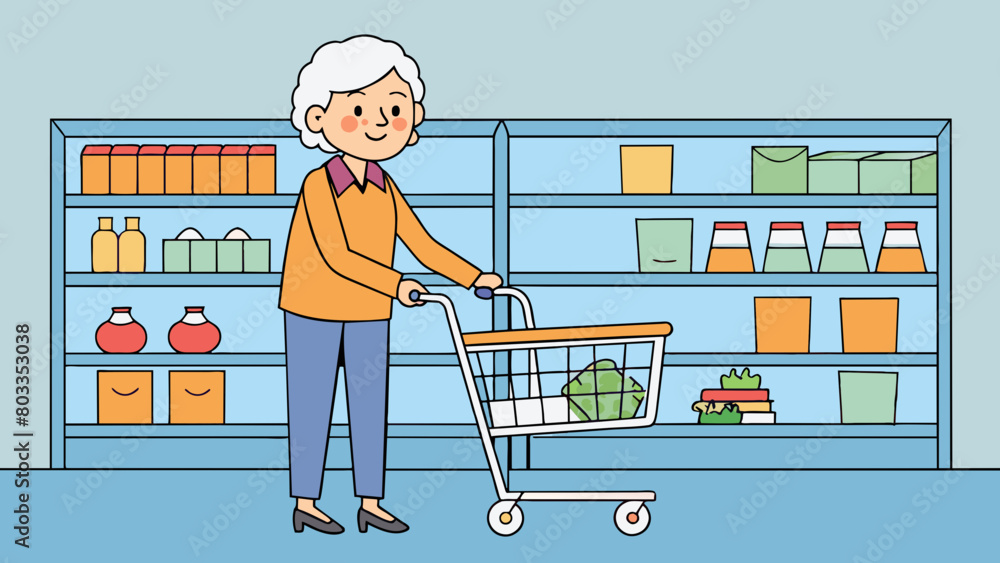 Poster The user is an elderly woman using a walker to navigate through a grocery store. She is carrying a shopping list and referencing it while selecting. Cartoon Vector