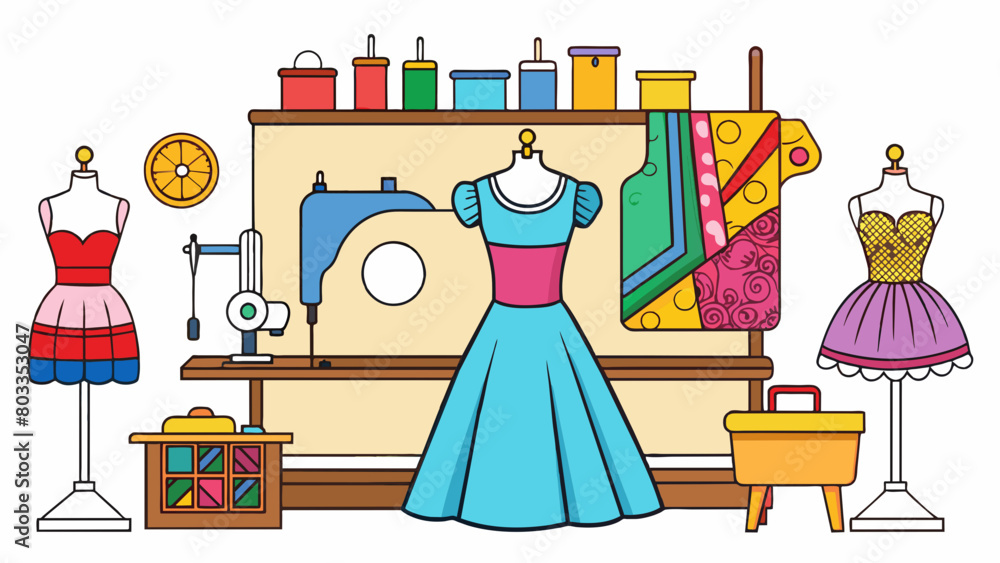 Poster The workshop is a space filled with colorful spools of thread fabric scraps and a large sewing machine stationed at the center of the room. Next to it. Cartoon Vector