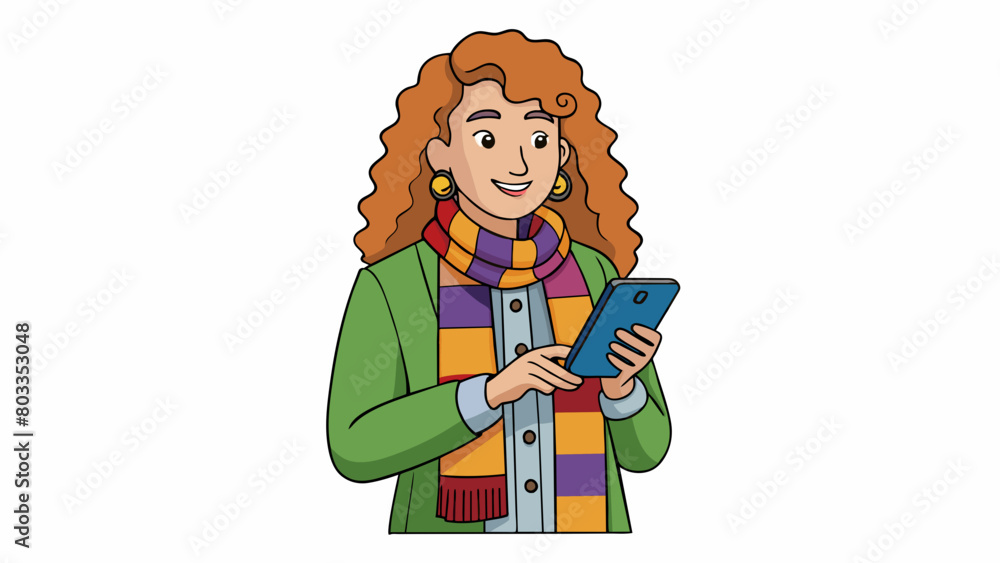 Poster the user is a young woman with long curly hair wearing a colorful scarf and using her smartphone to 