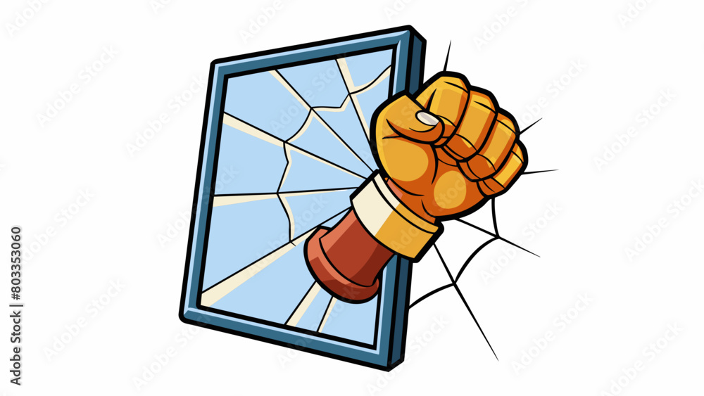 Poster The vandals fist crashes against the fragile glass window the sharp shards tering everywhere as the punch leaves a spiderweb of cracks behind.. Cartoon Vector