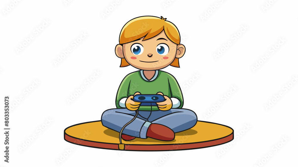 Poster The user is a child about 8 years old playing a video game on a gaming console while sitting crosslegged on the floor of their bedroom.. Cartoon Vector