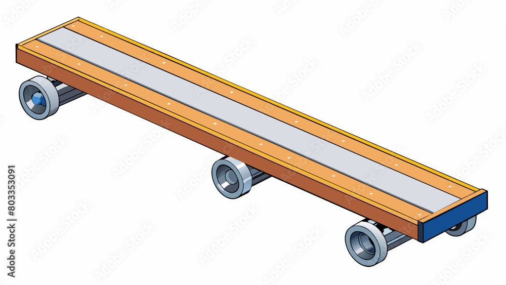 Poster this conveyor roller is a long flat metal beam with four small wheels attached to its underside. the