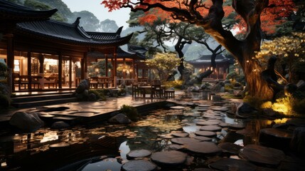 Fototapeta premium Courtyard with a pond and a tree