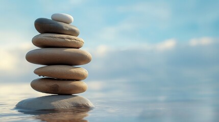 A perfectly balanced stack of smooth, river-worn pebbles, set against a serene, sky-blue studio background.