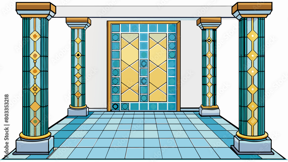 Poster two tall pillars flank the entrance with ornate patterns etched into the stone. between them a set o