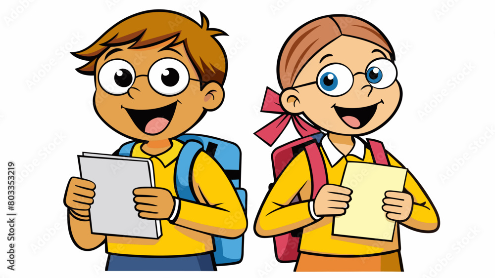 Poster two students vying for the top spot in a spelling bee. both have their hands on their buzzers ready 