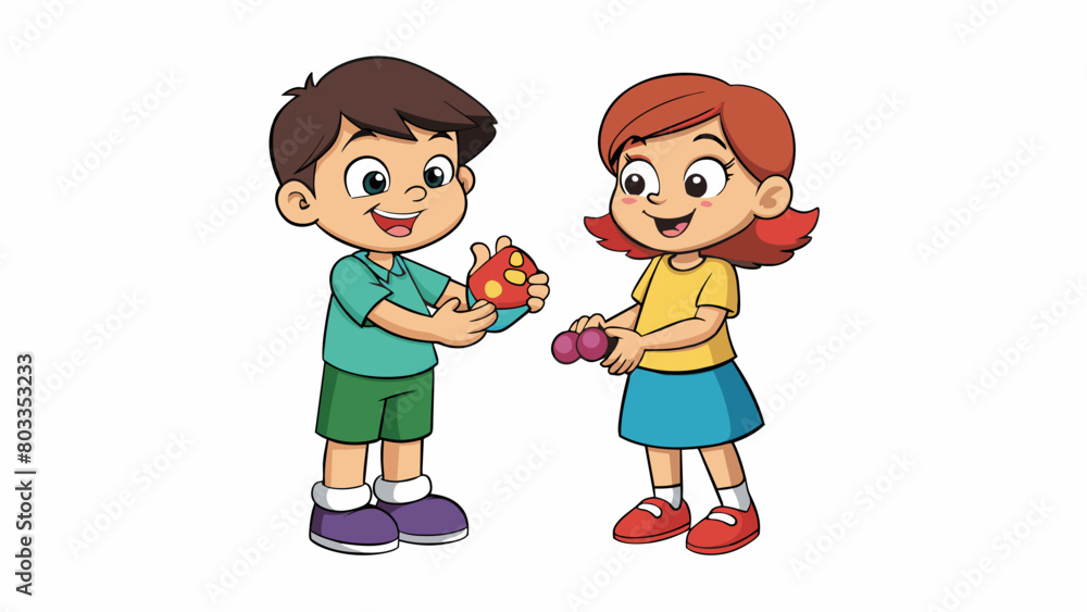 Poster Two siblings sharing a toy with one offering their favorite candy in return for more playtime with the toy while the other counters with the promise. Cartoon Vector