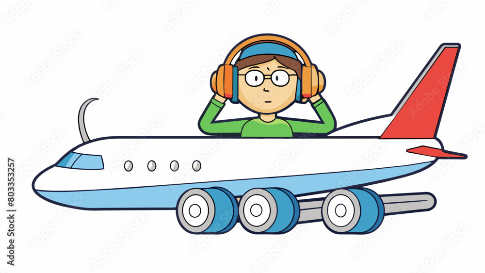 Poster using noisecanceling headphones on a plane to block out the sound of the engine and surrounding pass