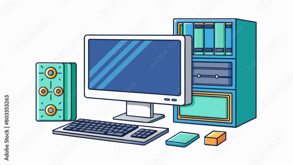 Poster Version 5 A new stateoftheart computer with a fast processor and advanced graphics card. It has a sleek minimalist design and a large highdefinition. Cartoon Vector