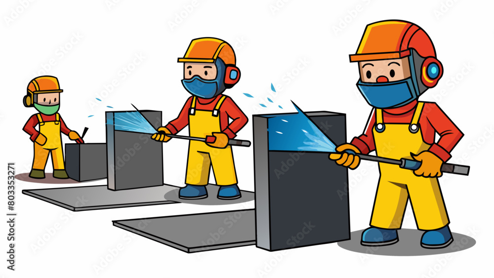 Poster welders wearing protective gear use an oxyacetylene torch to through thick steel plates separating t