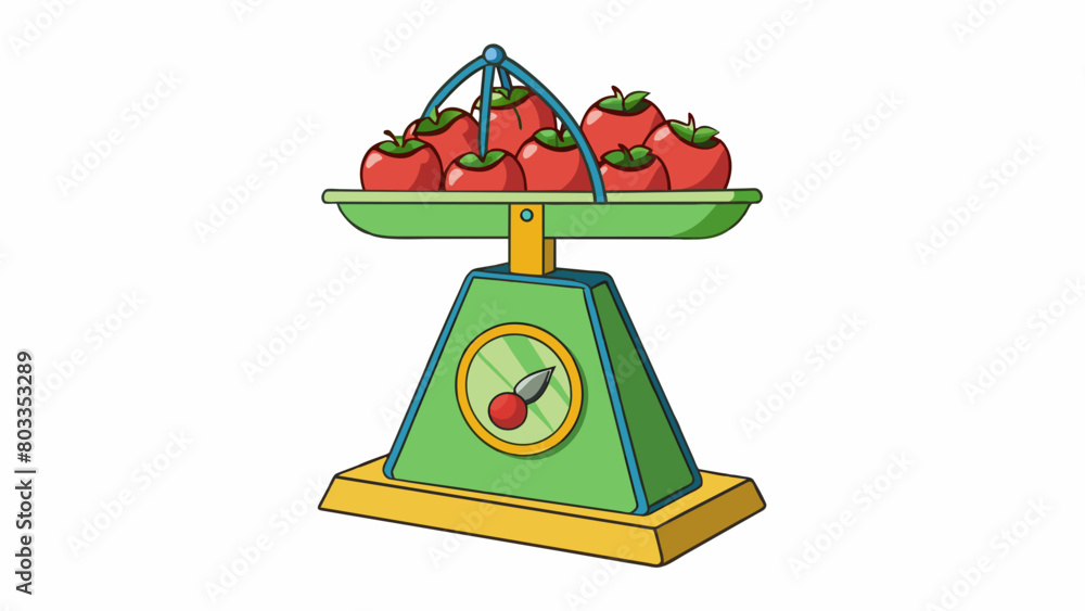 Poster Weighing a bag of apples on a scale The bag of apples is a sacklike object filled with multiple round fruits of varying sizes. It has a weight that. Cartoon Vector