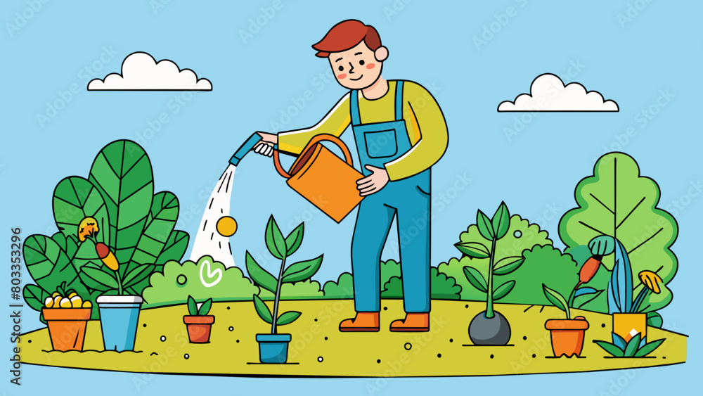 Poster watering and fertilizing plants in a garden to keep plants healthy and thriving regular maintenance 