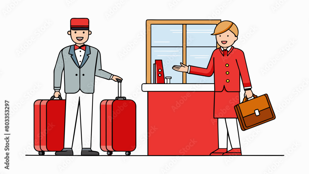 Aufkleber walking into the hotel lobby you see a guest checking in at the front desk. they have a large suitca