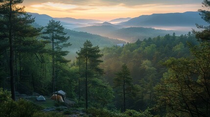 Camping in the mountains with a view of the valley below