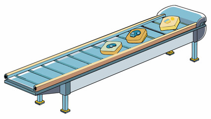 Up high on the ceiling a winding belt made of clear plastic slowly spins carrying freshly washed and dried clothing to be sorted and folded. The belt. Cartoon Vector