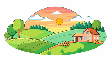 Obraz premium West Gaze out over a peaceful countryside with rolling green hills and lush forests all around. In the distance a small farmhouse sits on a hill. Cartoon Vector