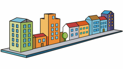 Obraz premium When looking at a row of buildings from a distance the ones in front appear larger and more detailed while the ones in the back seem smaller and less. Cartoon Vector