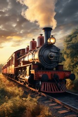 Vintage steam locomotive train ride through the countryside at sunset