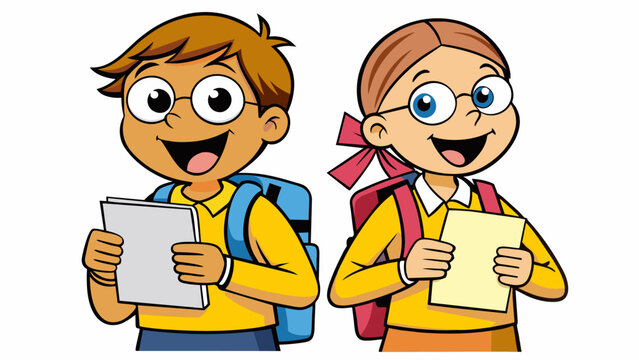 Two students vying for the top spot in a spelling bee. Both have their hands on their buzzers ready to answer the next word and prove their spelling. Cartoon Vector